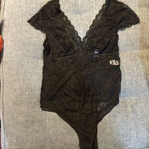 VENUS Black Bodysuit with Plunge Neckline and Cap Sleeves